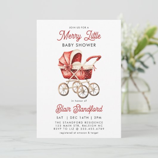 Modern Stroller Merry Little Christmas Baby Dusche Einladung (Stehend Vorderseite)