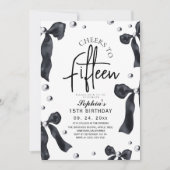 Modern & Stylish Black Bow Birthday Party Einladung (Vorderseite)
