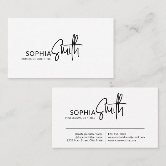 Modern Stylish Black & White Handwritten Script Visitenkarte (Vorne/Hinten)