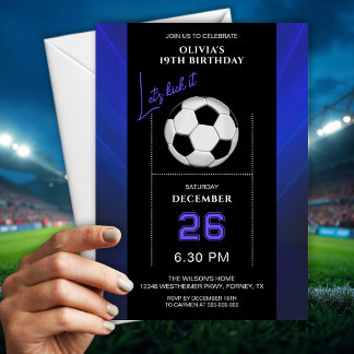 Modern Stylish Blue Purple Soccer Birthday Einladung