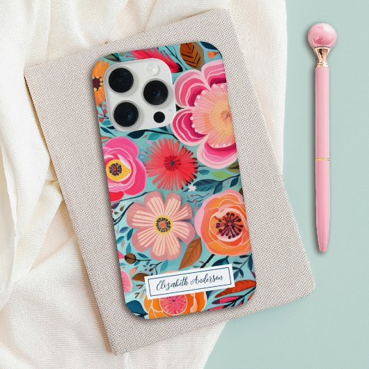 Modern Stylish Colorful Pink Floral Monogram iPhone Hülle