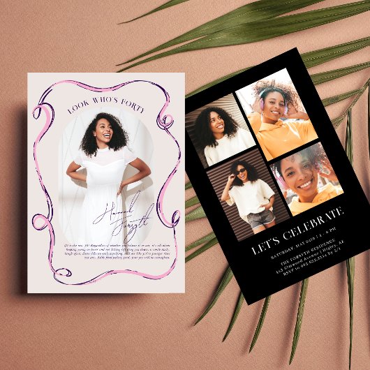 Modern Stylish Ribbon Frame Photo Birthday Einladung