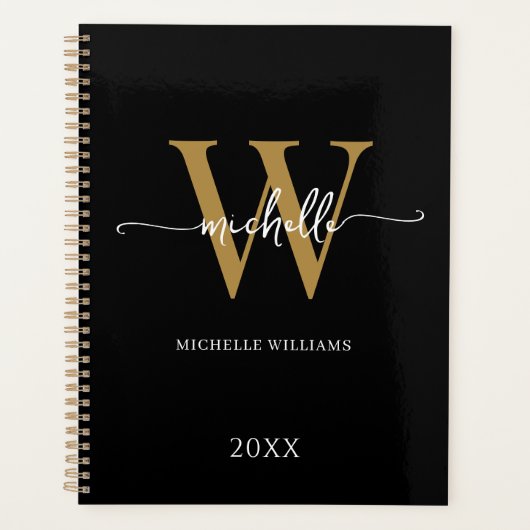 Modern Stylish Script Black Gold Monogram 2023 Planer (Vorderseite)