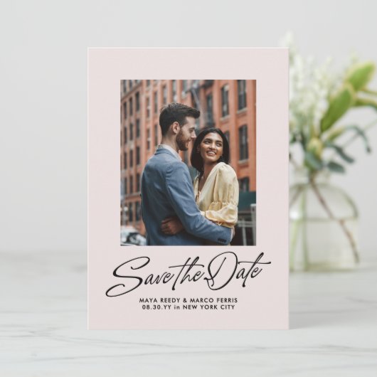 Modern stylish script pink two photo save the date (Stehend Vorderseite)
