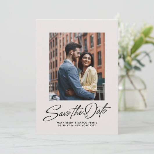 Modern stylish script two photo save the date (Stehend Vorderseite)