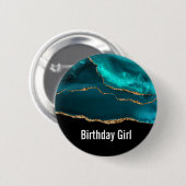Modern Stylish Teal Agate & Gold Ribbon Birthday Button (Vorne & Hinten)