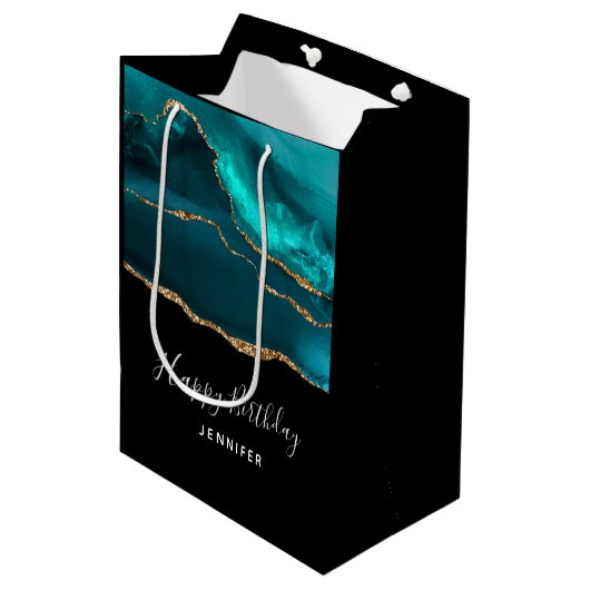 Modern Stylish Teal Agate & Gold Ribbon Birthday Mittlere Geschenktüte (Vorderseite Schrägansicht)