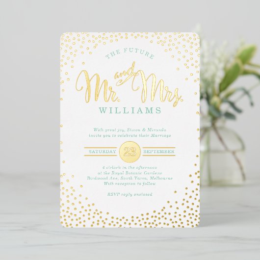 MODERN STYLISH WEDD Mini Konfetti Goldminze Folieneinladung (Stehend vorne)