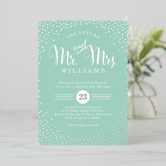 MODERN STYLISH WEDD mini silber Konfetti Minze Folieneinladung (Stehend vorne)