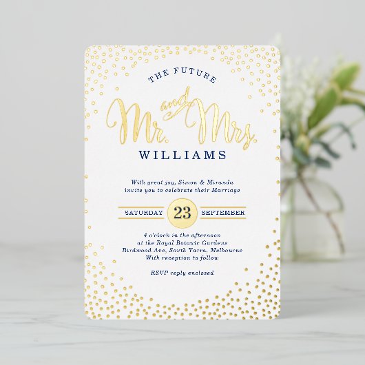 MODERN STYLISH WEDDING Mini Konfetti Goldmedaille Folieneinladung (Stehend vorne)