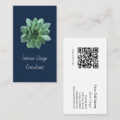 Modern Succulent Botanical Navy Blue QR code  Visitenkarte (Vorne/Hinten)