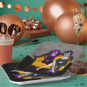 Modern Sugar Skull Couple auf Vintager gelber Couc Pappteller