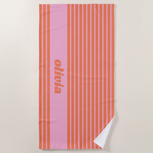 Modern Summer Pink Orange Striped Personalized Strandtuch (Vorderseite)