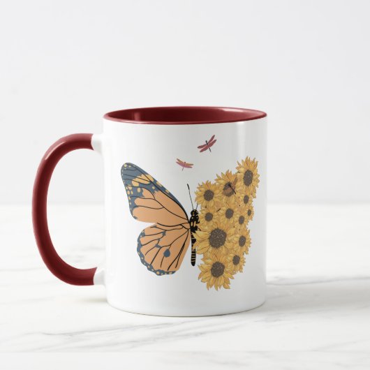 Modern Sunflower Collage Butterfly und Dragonfly Tasse (Links)