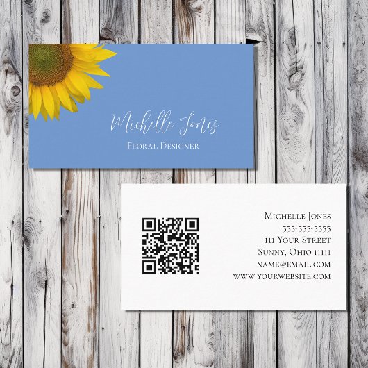 Modern Sunflower QR Code Blau Botanisch Visitenkarte