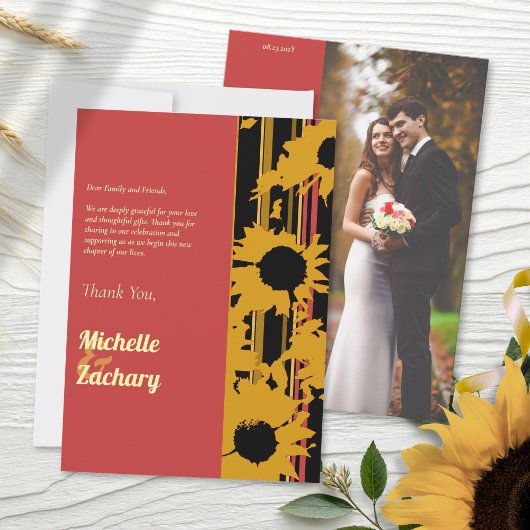 Modern Sunflower Sunset Coral Gold Wedding Dankeskarte