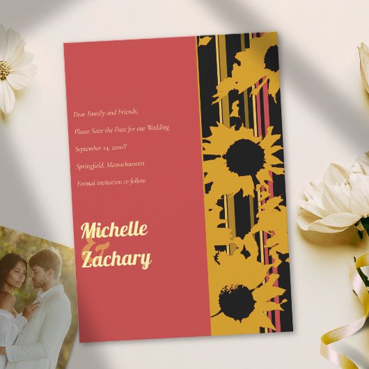 Modern Sunflower Sunset Coral Gold Wedding Save The Date