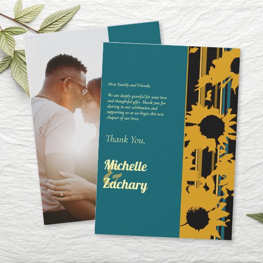 Modern Sunflower Teal Blue Gold Wedding Dankeskarte