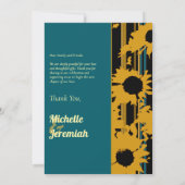 Modern Sunflower Teal Blue Gold Wedding Dankeskarte (Rückseite)