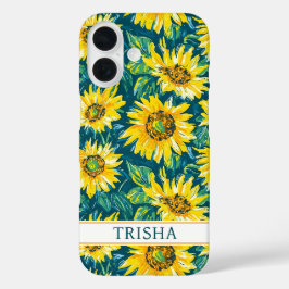 Modern Sunflowers Monogrammed iPhone 16 Hülle