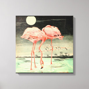 Modern süß vintage rosa Vogel Flamingo und Mond Leinwanddruck