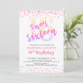 Modern Sweet 16 Birthday Pink Lila Glitzer Einladung (Stehend Vorderseite)