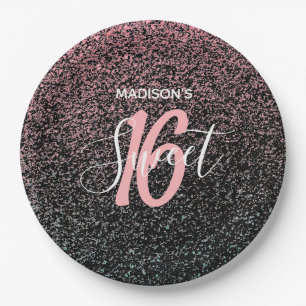 Modern Sweet 16 Black Blush Pink Speck Name Pappteller