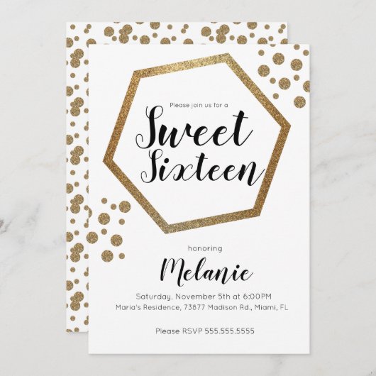 Modern Sweet 16 Glitzer Imitate Gold Geometric Bar Einladung (Vorne/Hinten)
