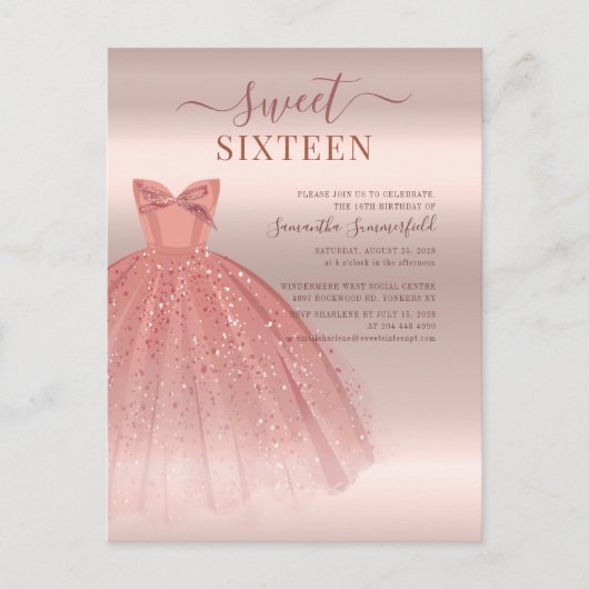 Modern Sweet 16 Glitzer Script Rose Gold Geburtsta Einladungspostkarte (Vorderseite)