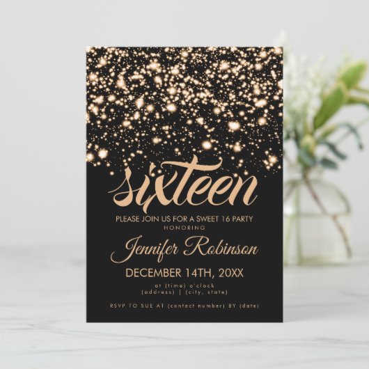 Modern Sweet 16 Gold Midnight Glam Einladung (Stehend Vorderseite)