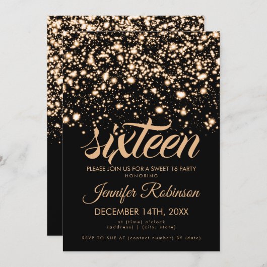 Modern Sweet 16 Gold Midnight Glam Einladung (Vorne/Hinten)