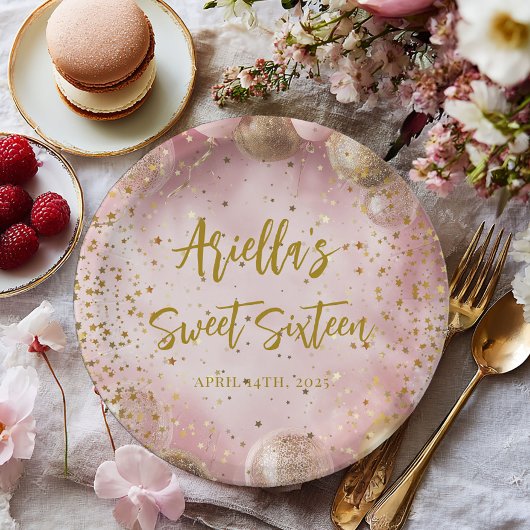 Modern sweet 16 pink gold balloons pappteller