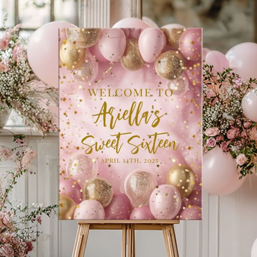 Modern sweet 16 pink gold balloons welcome poster
