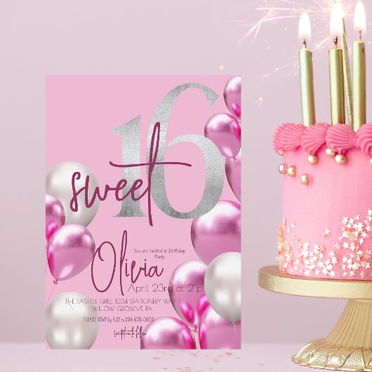 Modern Sweet 16 Pink Silver Balloons Geburtstag Einladung