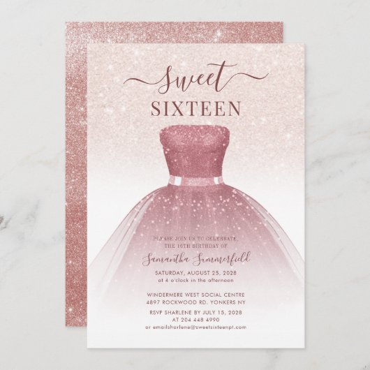 Modern Sweet 16 Rose Gold Script Glitzer Geburtsta Einladung (Vorne/Hinten)