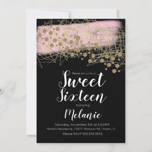 Modern Sweet 16 Rosita Gold Geometrie Schwarz Einladung (Vorderseite)