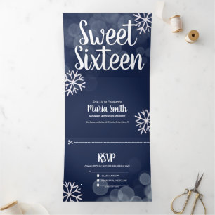 Modern Sweet 16 Scattered Snowflakes Bokeh Lights Dreifach Gefaltete Einladung
