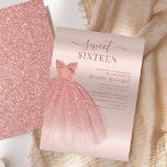 Modern Sweet 16 Script Geburtstag Einladung<br><div class="desc">Mit einem hübschen,  rosafarbenen Kleid und einem vergoldeten Glitzer aus Imitat und Rose mit moderner Schrift und beliebter Typografie ist diese Geburtstagsveranstaltung perfekt für eine Prinzessin,  die ihren 16. Geburtstag feiert. Ersetzen Sie die Party-Details einfach durch Klicken auf den Button "Personalisieren".</div>