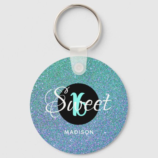 Modern Sweet 16 Teal Aqua Glitter Personalized Schlüsselanhänger (Vorderseite)