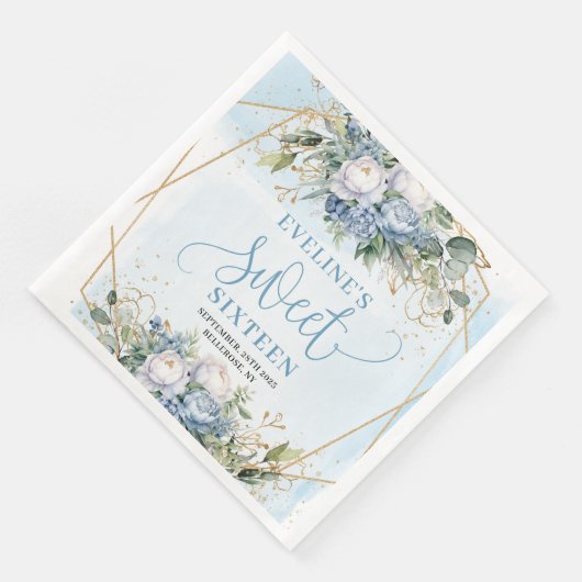 Modern Sweet 16th Dusty Blue Gold Frame Party  Serviette (Ecke)