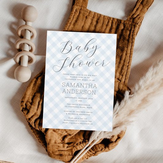 Modern + Sweet Blue Gingham Boy Baby Dusche Einladung