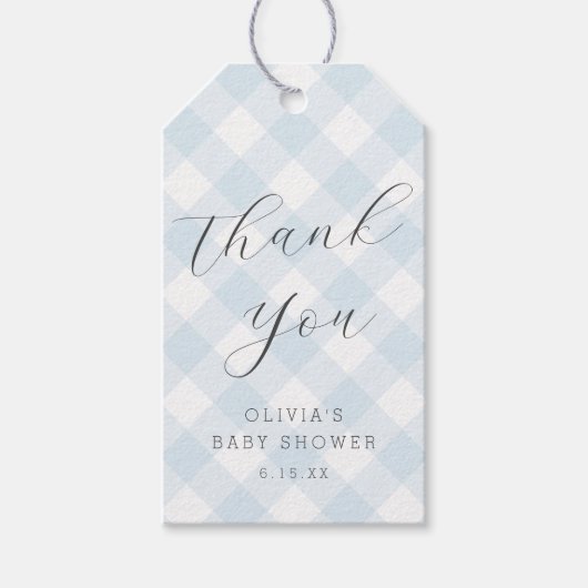 Modern + Sweet Hellblau Gingham Baby Dusche Geschenkanhänger (Vorderseite)