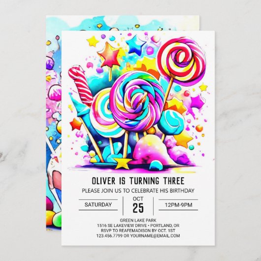 Modern Sweet Lollipop Geburtstag Einladung (Vorne/Hinten)