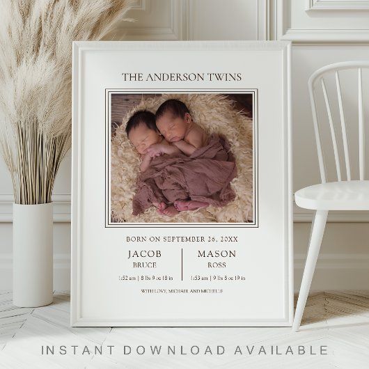 Modern Sweet Twins Photo Birth Announcement Poster