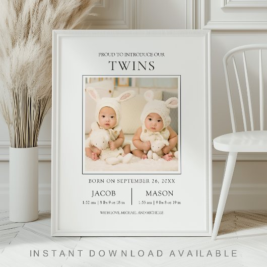 Modern Sweet Twins Photo Birth Announcement Poster