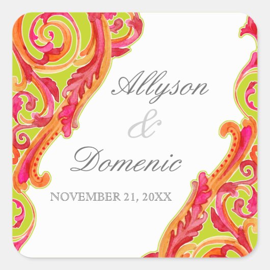 Modern Swirl Geblüht Herz Mandarine Lime Green Quadratischer Aufkleber (Vorderseite)