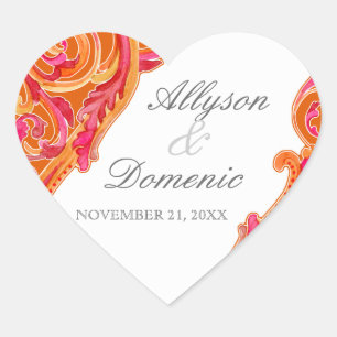 Modern Swirl Geblüht Herzstück Mandarine Orange Herz-Aufkleber