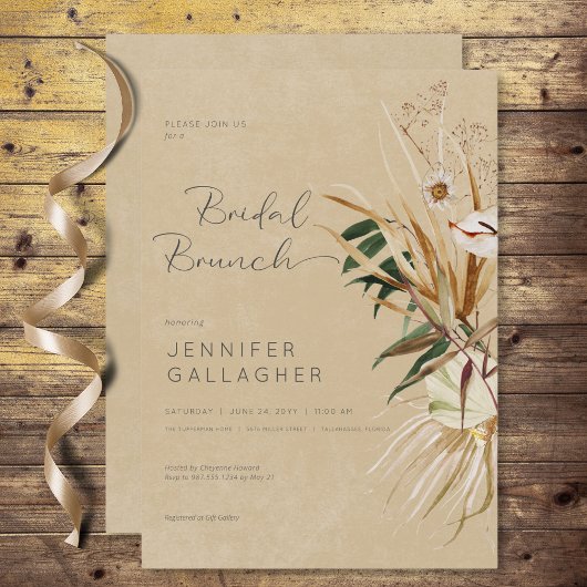 Modern Tan Boho Dried Floral Bouquet Bridal Brunch Einladung