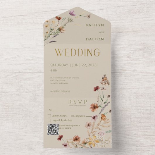 Modern Tan Wildblume Bouquet QR Code All In One Einladung (Innen Boden)