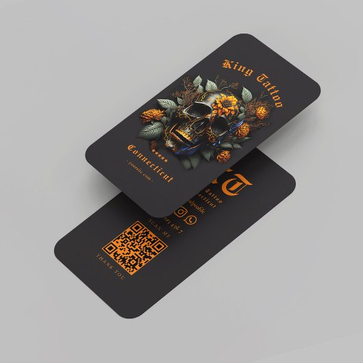 Modern Tattoo Artist Monogram Black Orange Skull Visitenkarte